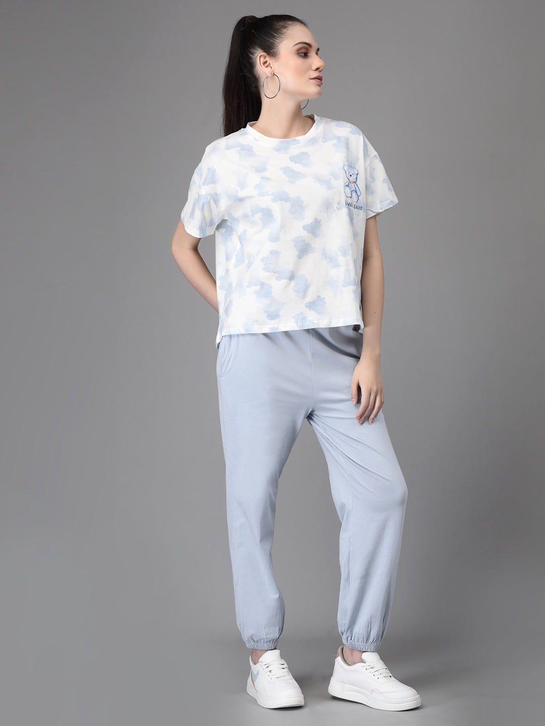 Women Grey Round Neck Loose Fit Printed Night Suit Set - Global Republic