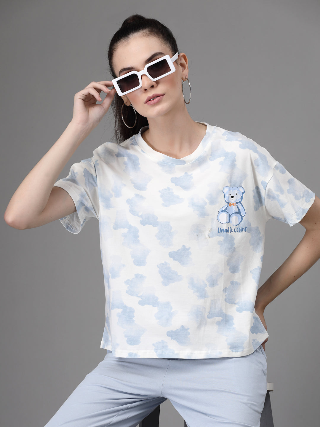 Women Grey Round Neck Loose Fit Printed Night Suit Set - Global Republic