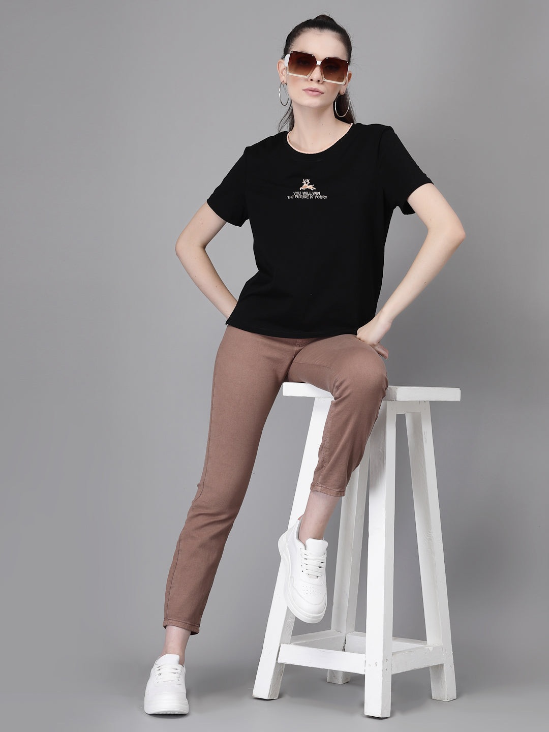 Women Black Round Neck Thread Embroidered Tops - Global Republic