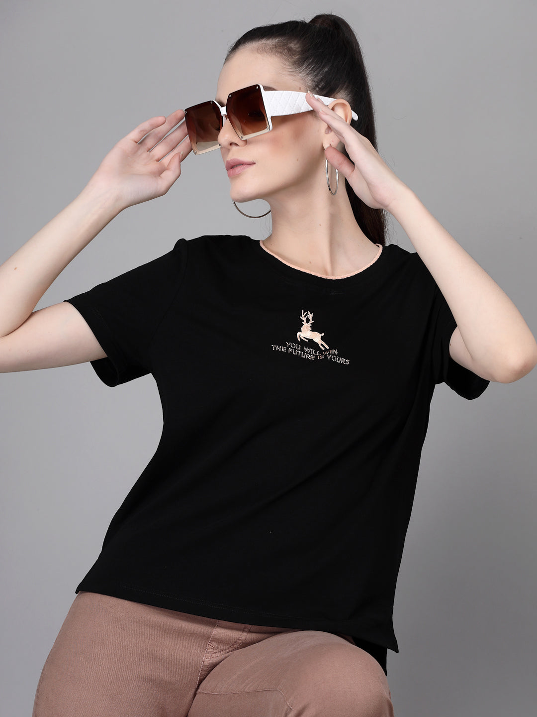 Women Black Round Neck Thread Embroidered Tops - Global Republic