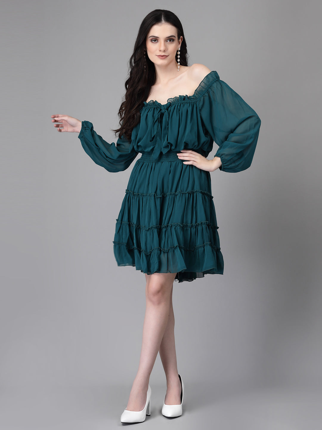 Women Emerald Green Off-Shoulder Flared Dress