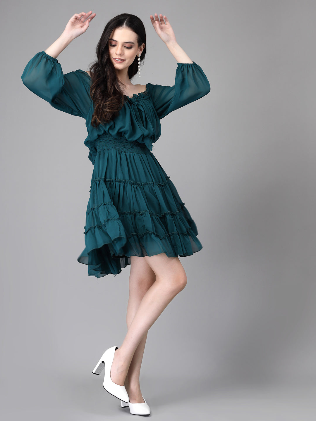 Women Emerald Green Off-Shoulder Flared Dress
