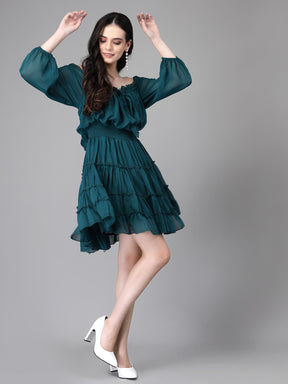 Women Emerald Green Off-Shoulder Flared Dress