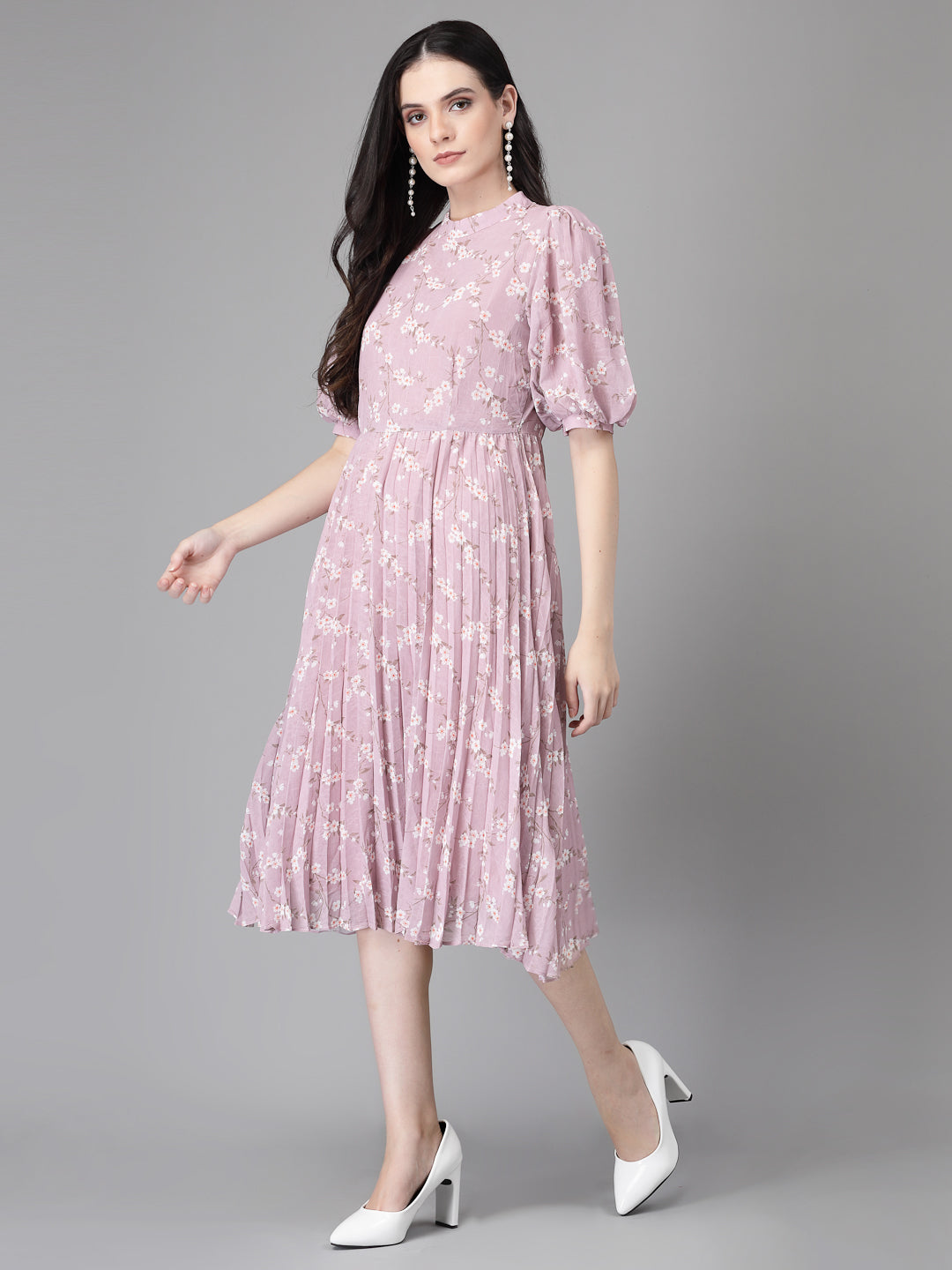 Women Mauve Round Neck Layered Printed Dress - Global Republic