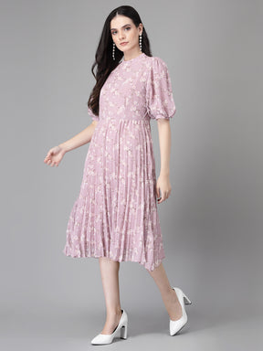 Women Mauve Round Neck Layered Printed Dress