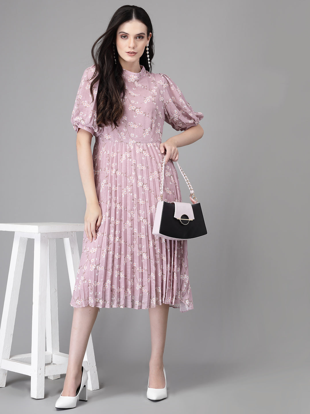 Women Mauve Round Neck Layered Printed Dress - Global Republic