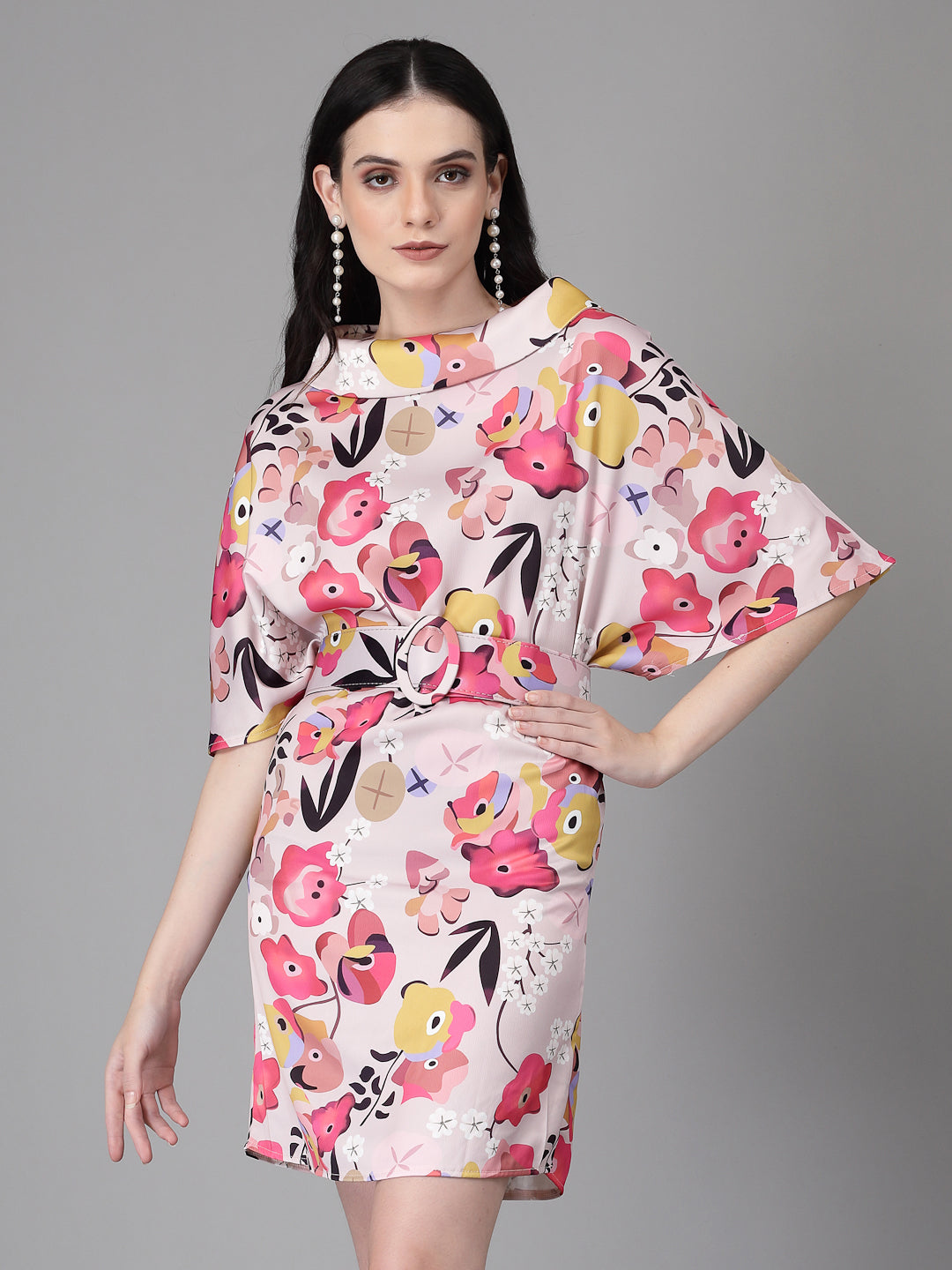 Women Pink Cowl Neck Floral Printed Dress