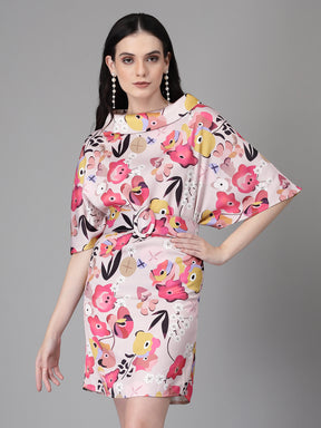 Women Pink Cowl Neck Floral Printed Dress