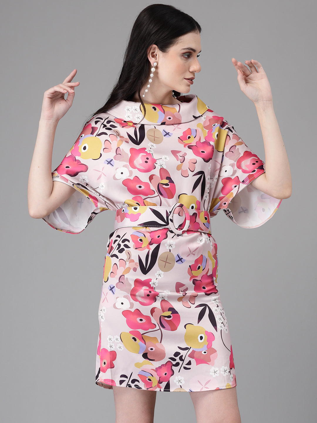 Women Pink Cowl Neck Floral Printed Dress