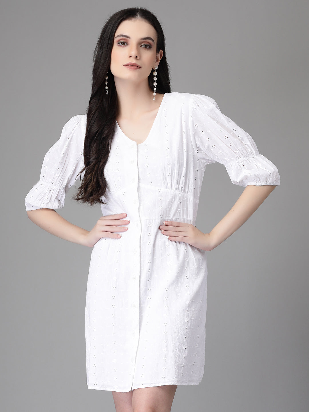 Women White V Neck Embroidered Flared Dress
