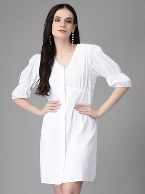 Women White V Neck Embroidered Flared Dress