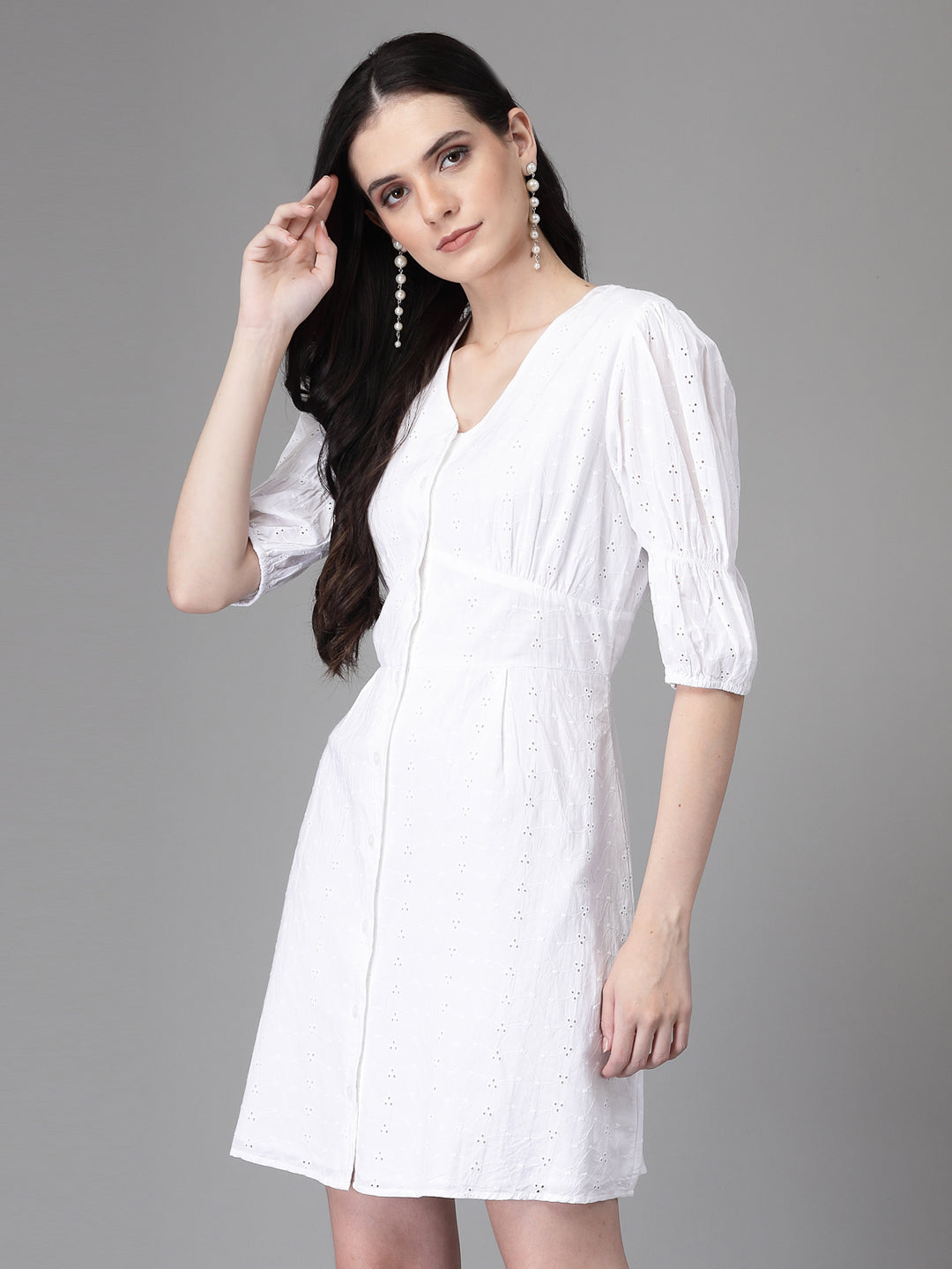 Women White V Neck Embroidered Flared Dress