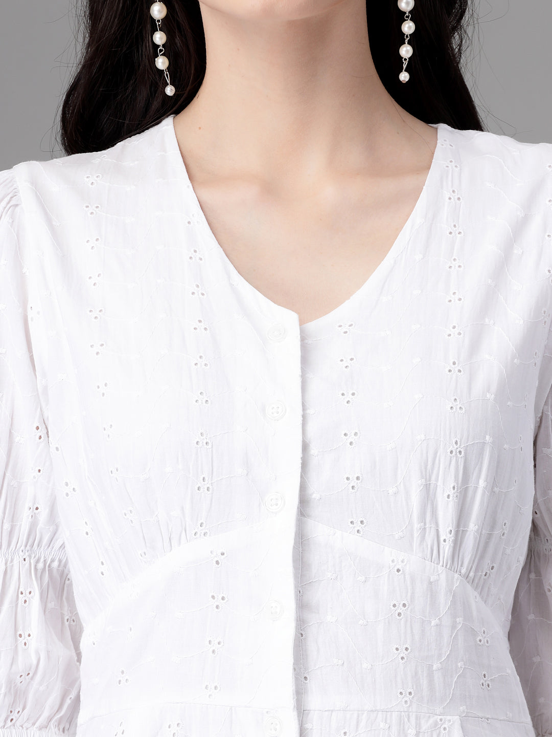 Women White V Neck Embroidered Flared Dress
