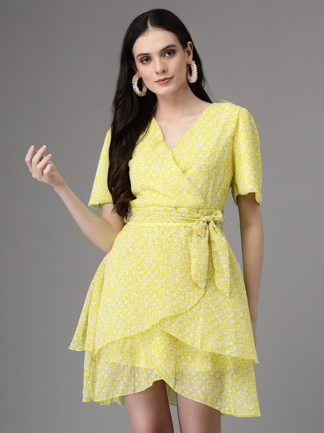 Women Lemon V Neck Printed Wrap Dress