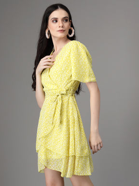 Women Lemon V Neck Printed Wrap Dress