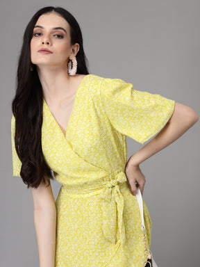 Women Lemon V Neck Printed Wrap Dress