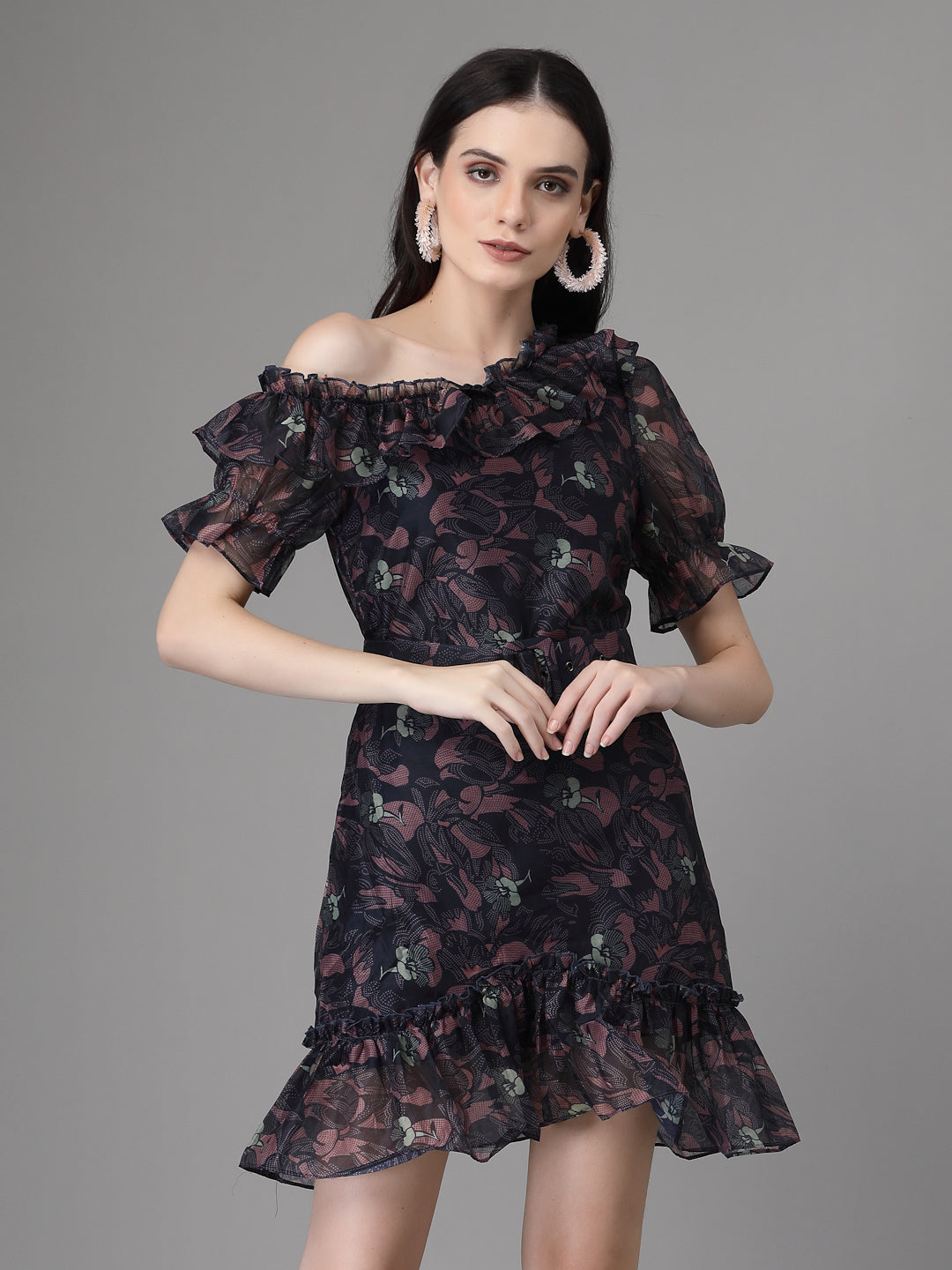 Navy Blue Off Shoulder Printed Polyester Blend Dress With Waist Belt