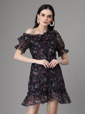 Navy Blue Off Shoulder Printed Polyester Blend Dress With Waist Belt