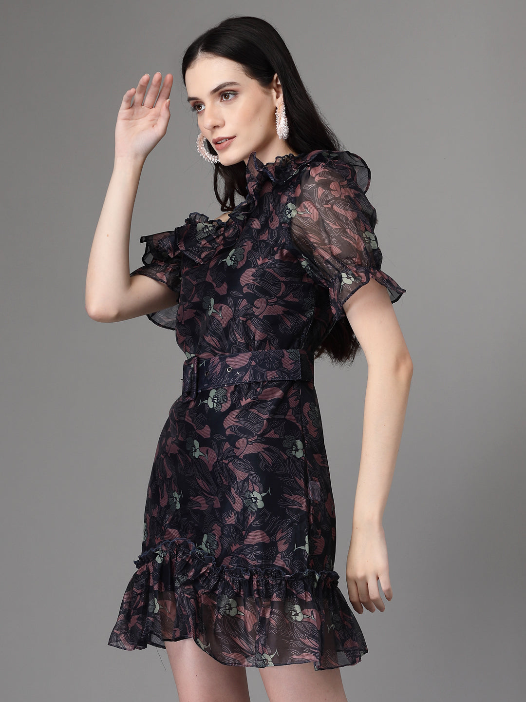 Navy Blue Off Shoulder Printed Polyester Blend Dress With Waist Belt