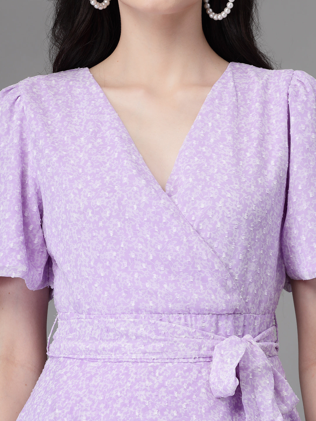 Women Lilac V Neck Printed Wrap Dress