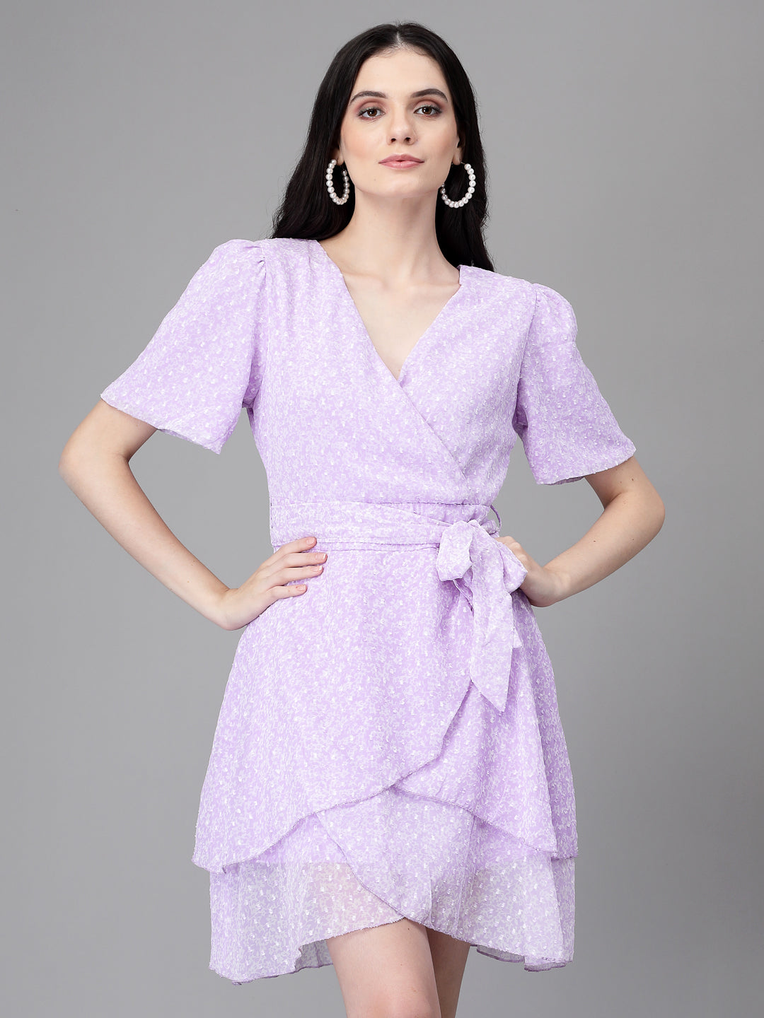 Women Lilac V Neck Printed Wrap Dress