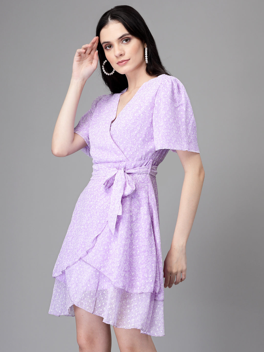 Women Lilac V Neck Printed Wrap Dress