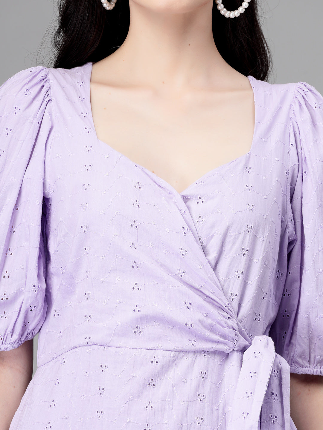 Women Lilac V Neck Embroidered Flared Dress