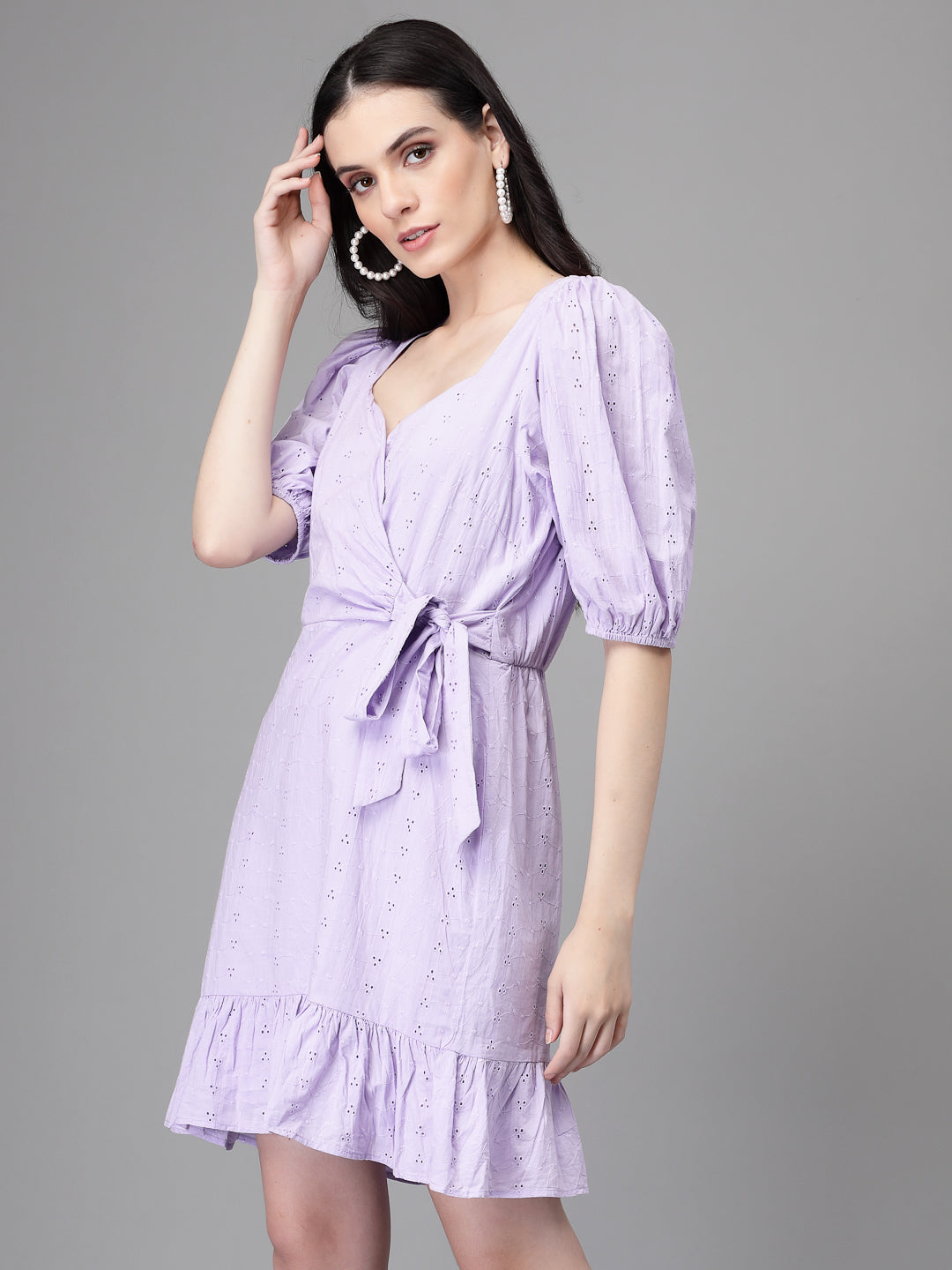 Women Lilac V Neck Embroidered Flared Dress