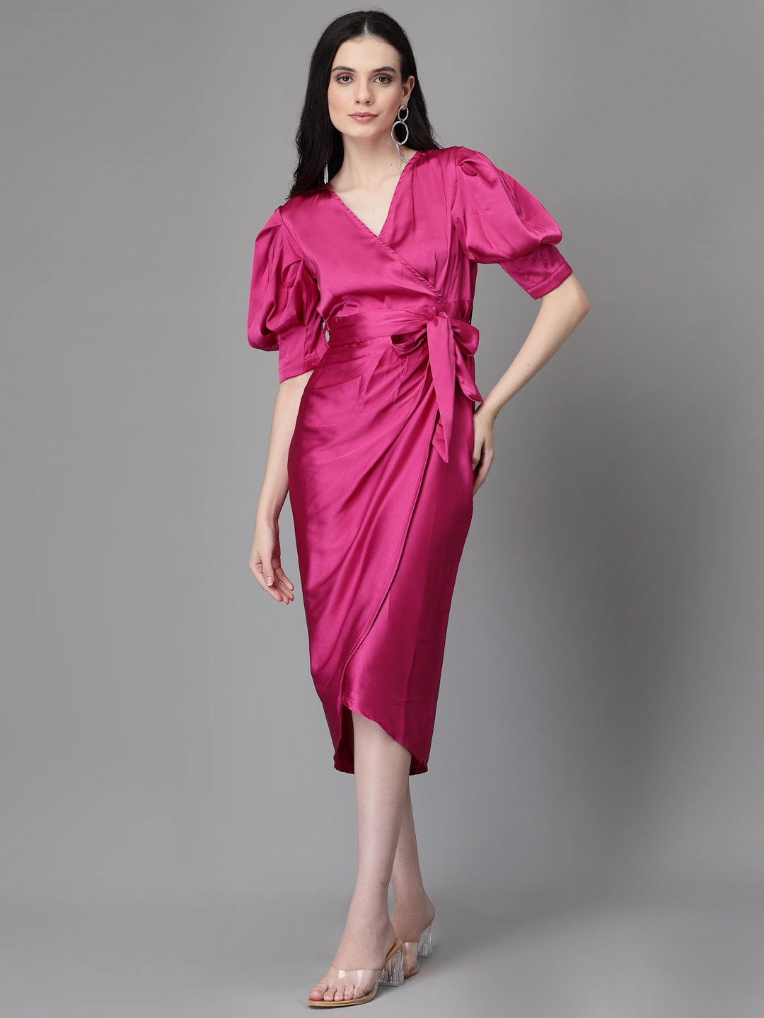 Women Mulberry Asymmetric Hem Wrap Dress