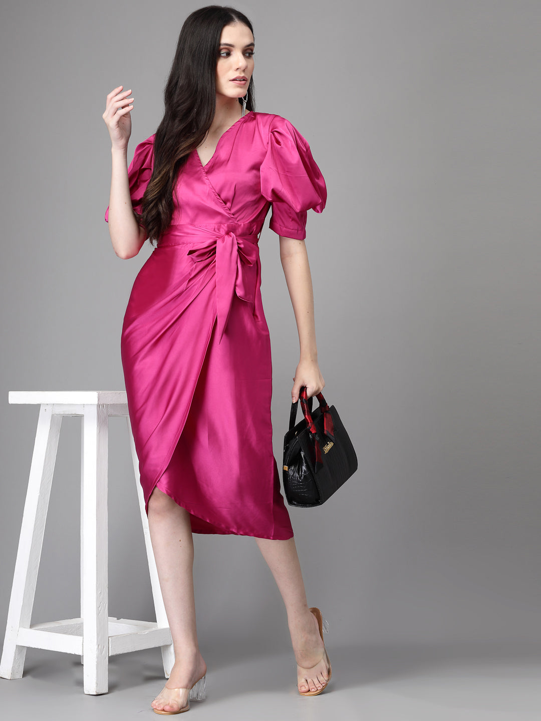 Women Mulberry Asymmatric Hem Wrap Dress