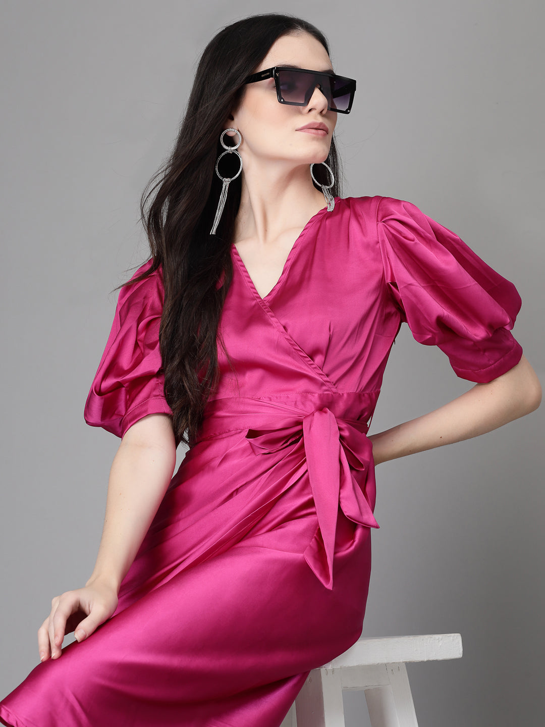 Women Mulberry Asymmetric Hem Wrap Dress