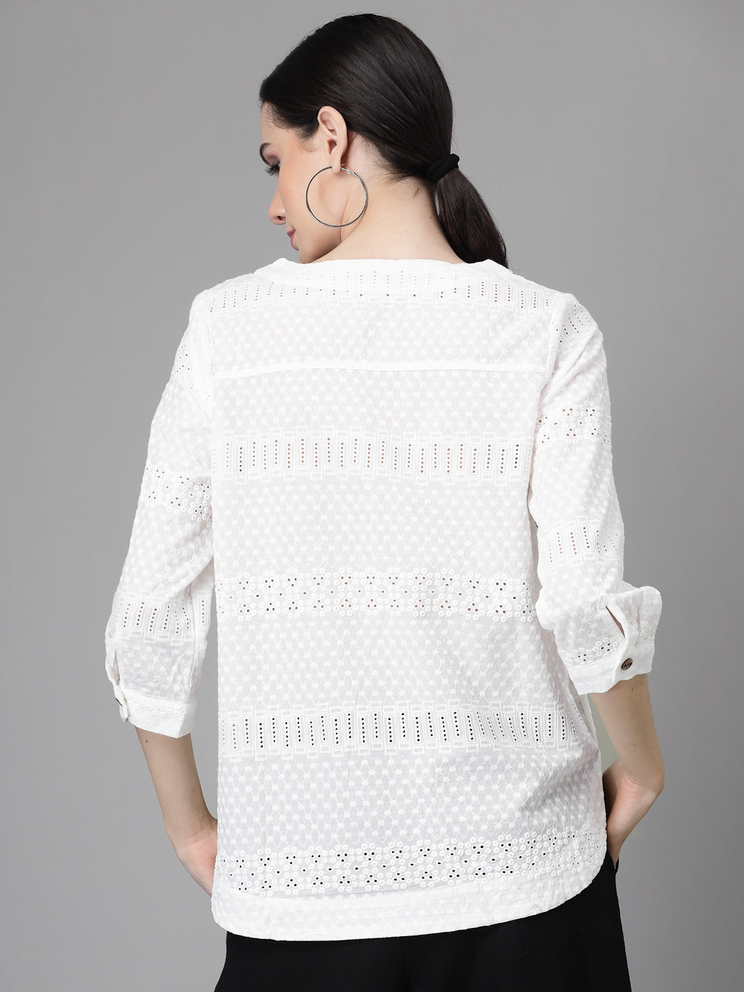 Women Regular-Fit V Neck Schiffli Embroidery Blouson Top - Global Republic