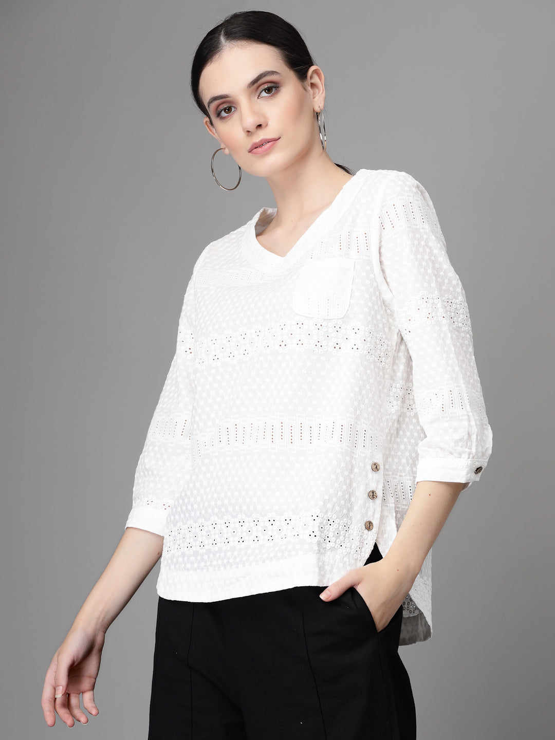 Women Regular-Fit V Neck Schiffli Embroidery Blouson Top - Global Republic
