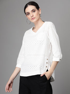 Women Regular-Fit V Neck Embroidered White Blouse