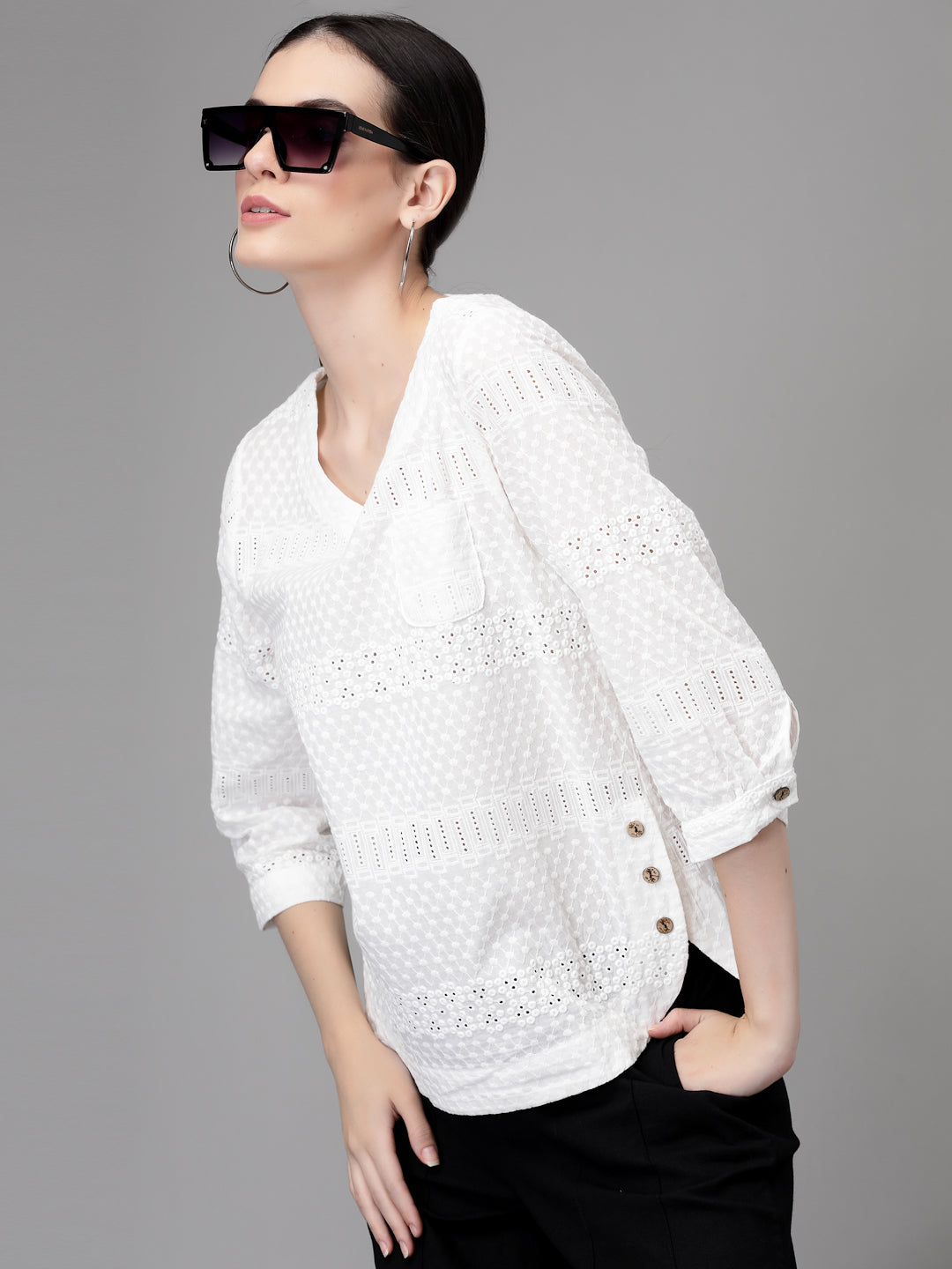 Women Regular-Fit V Neck Schiffli Embroidery Blouson Top - Global Republic