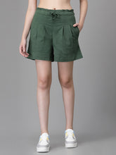 Women Green Cotton Solid Shorts