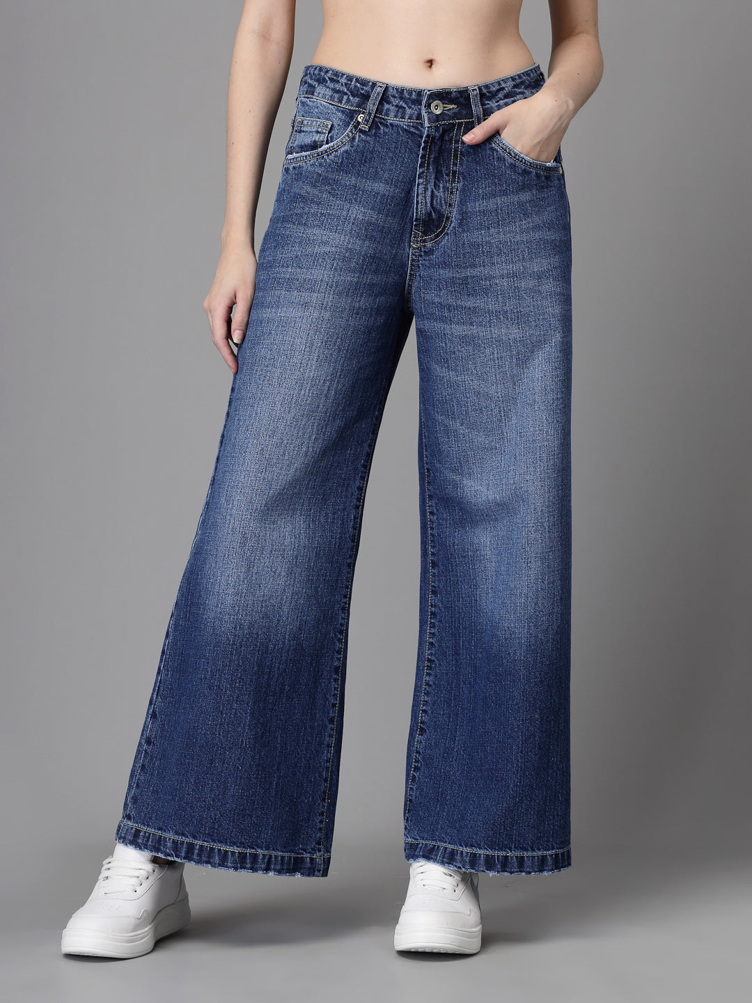 Women Flared Leg Mid Rise Blue Stretchable Jeans