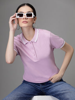 Women Regular Fit Polo Neck Mauve T-Shirt