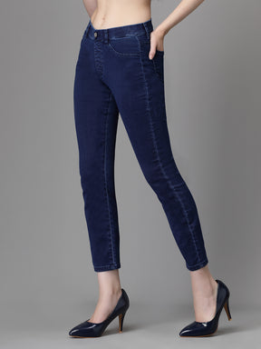 Women Dark Blue Cotton Blend Stretchable Jegging