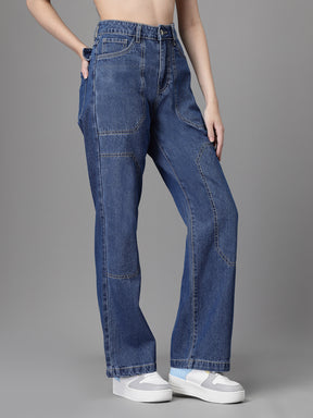 Women Mom-Fit Straight Leg Blue Jeans