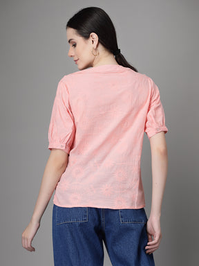 Women Straight Fit V-Neck Embroidered Peach Blouse Top