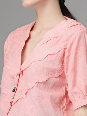 Women Straight Fit V-Neck Embroidered Peach Blouse Top