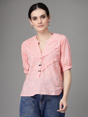 Women Straight Fit V-Neck Embroidered Peach Blouse Top