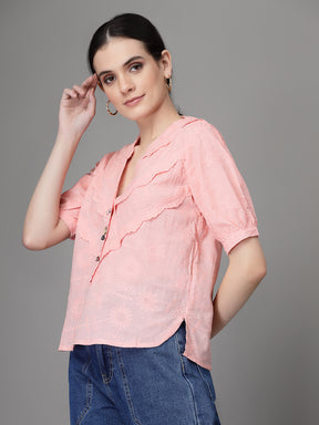 Women Straight Fit V-Neck Embroidered Peach Blouse Top