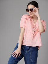 Women Straight Fit V-Neck Embroidered Peach Blouse Top