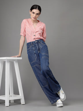 Women Straight Fit V-Neck Embroidered Peach Blouse Top