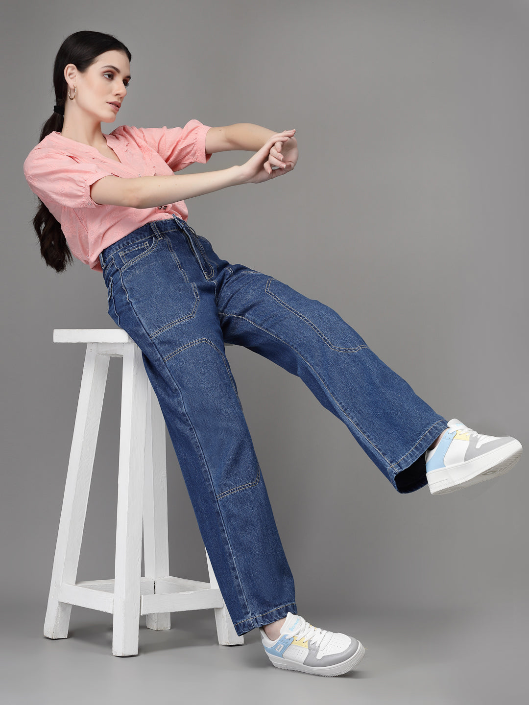 Women Mom-Fit Straight Leg Blue Jeans