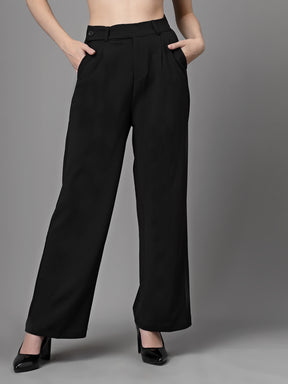 Women Black Polyester Solid Trouser