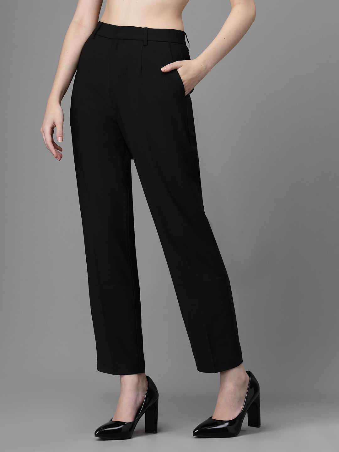 Women Black Mid Rise Solid Trouser - Global Republic