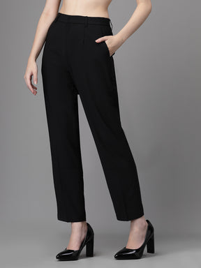 Women Black Polyester Solid Trouser